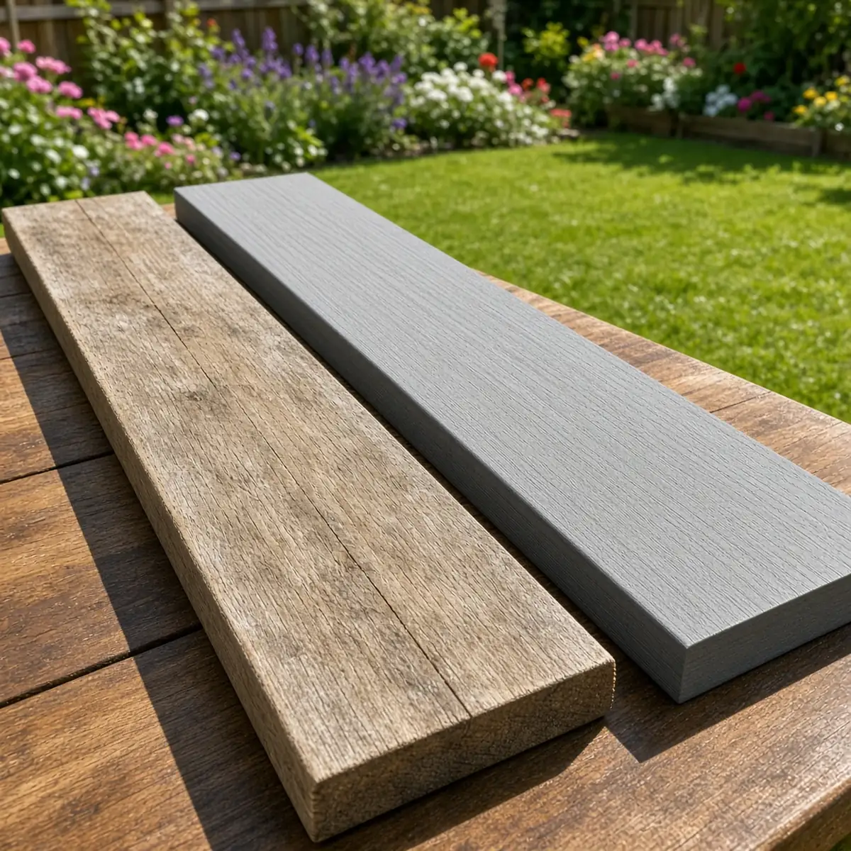 A wood deck board beside a composite deck board side by side.