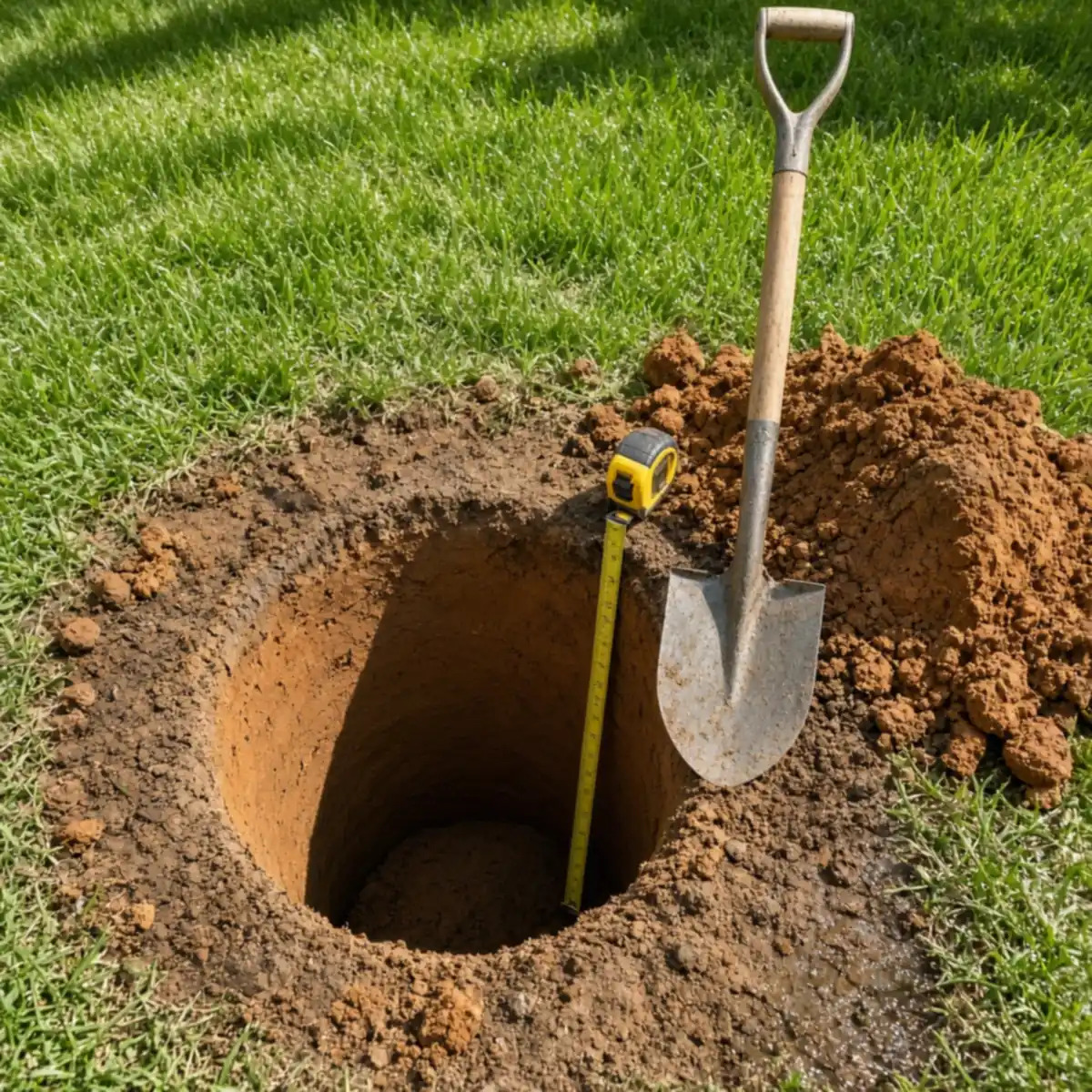 An open deck footing hole with a tape measure showing 36 inches.