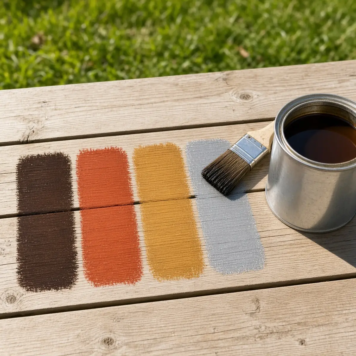 Deck stain color samples brushed onto bare wood boards.