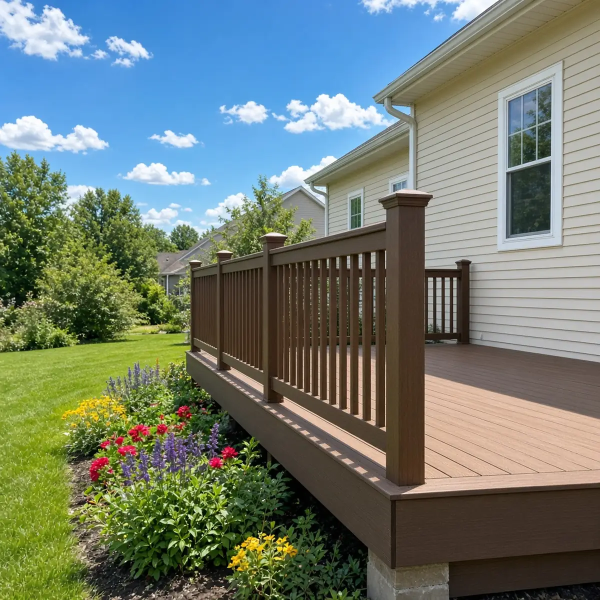 Low-maintenance composite deck behind a suburban Collegeville home.