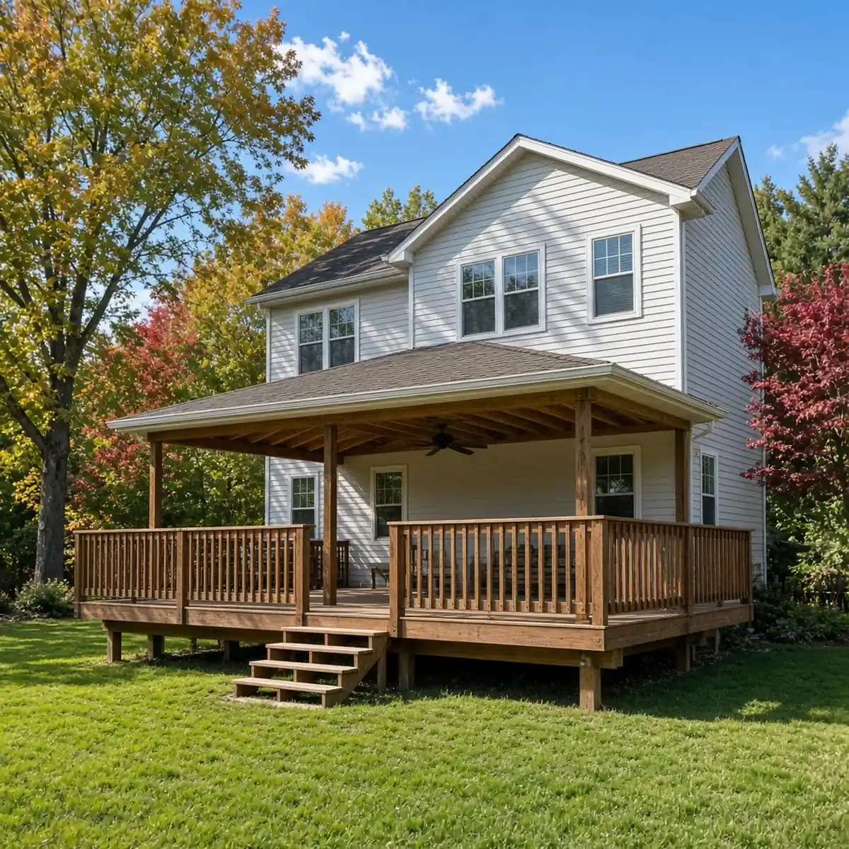 Covered deck with a shingled roof tied into a Pennsylvania house.