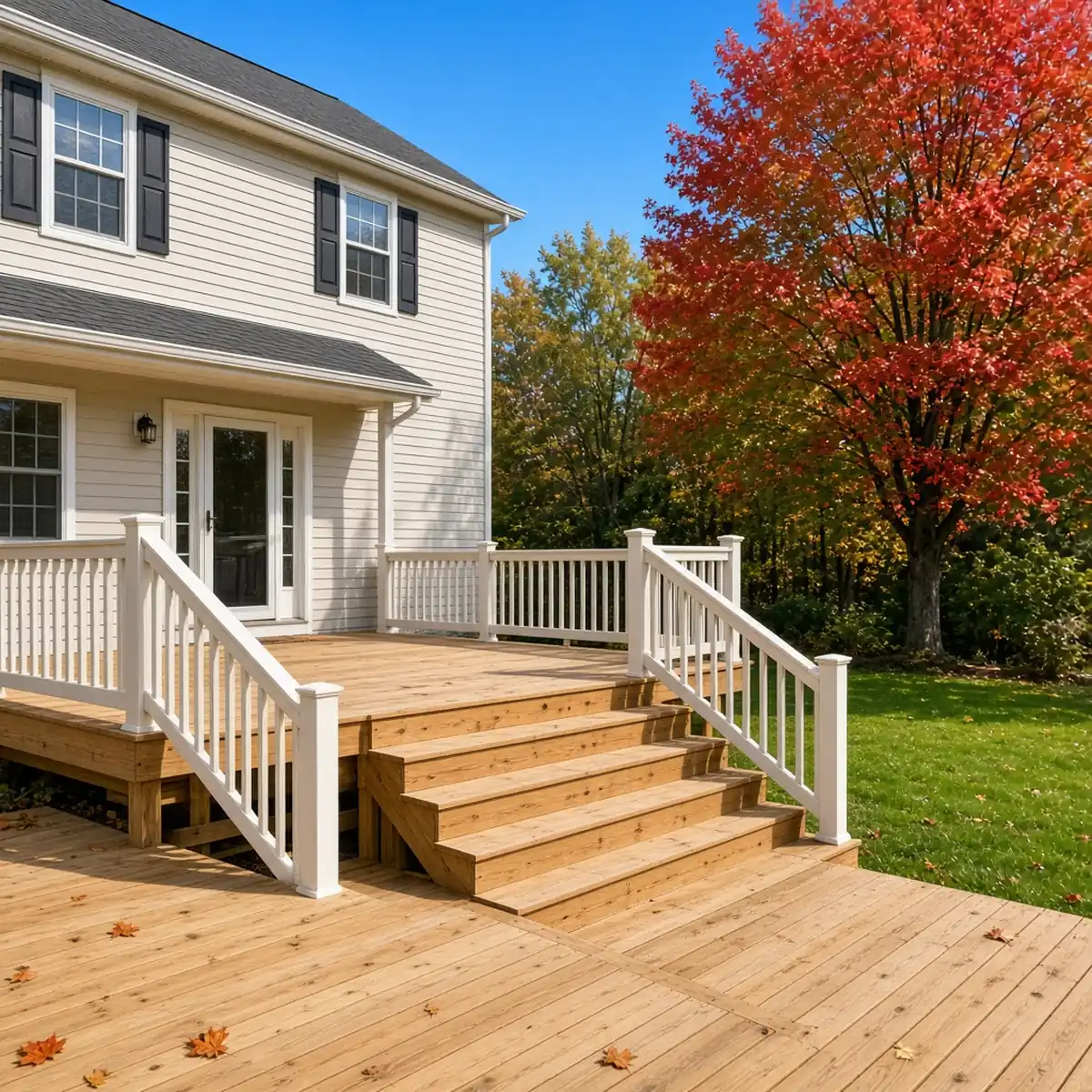 Custom pressure-treated deck on a two-story vinyl-sided Collegeville home with code-height railings.