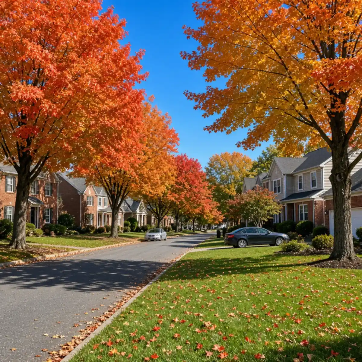 Tree-lined street of Colonial and split-level homes in the Perkiomen Valley.